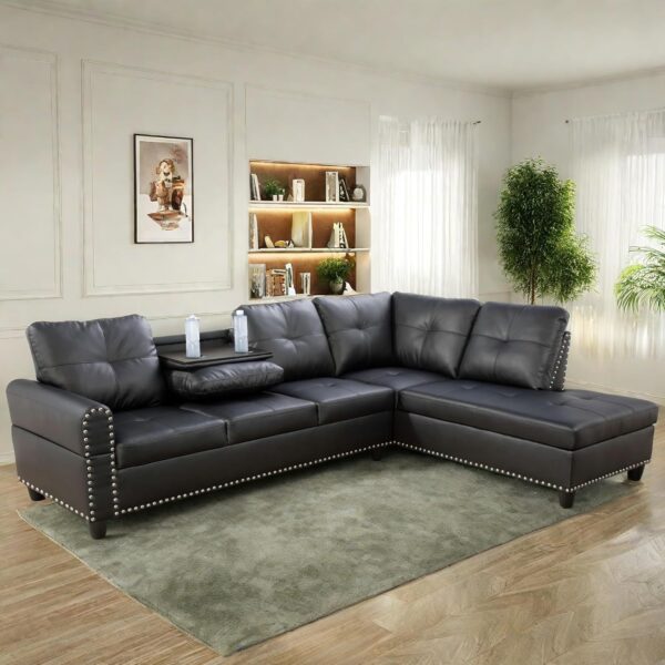 Leather Sectional Couch Sofa, Modern Nail-Head Design L Shaped Sectional Sofa for Living Room, 4 Seat L Couch with Cup Holder for Bedroom, Black ZA