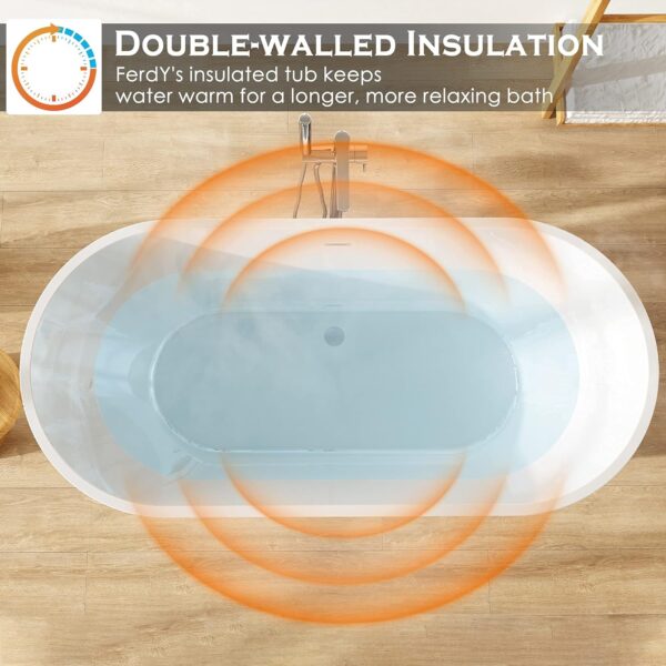 FerdY Luzon 67" Acrylic Freestanding Bathtub, Ergonomic Lightweight Classic Oval Soaking Bathtub with Chrome Drain, Classic Slotted Overflow, Modern White