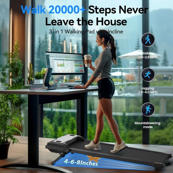 Walking Pad with Incline, 2.5HP Under Desk Treadmill, 3 in 1 Portable Treadmill with Remote Control, LED Display, Hidden Safety Switch, Mini Walking Jogging Machine for Home Office