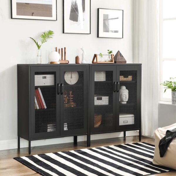 SONGMICS Metal Storage Cabinet with Mesh Doors, Steel Display Cabinets with Adjustable Shelves for Bathroom Home Office, Black UOMC002B01