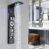 RUMOSE Matte Black Shower Panel Tower System, 5-Function Shower Faucet Set LED Light Rainfall Shower Head Digital Display with Massage Jets Tub Spout Shower Shelves, Stainless Steel, Wall Mount