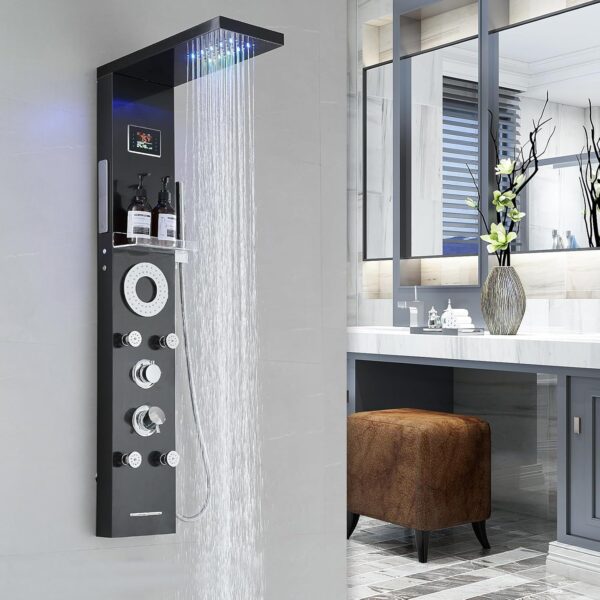 RUMOSE Matte Black Shower Panel Tower System, 5-Function Shower Faucet Set LED Light Rainfall Shower Head Digital Display with Massage Jets Tub Spout Shower Shelves, Stainless Steel, Wall Mount