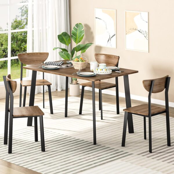 Kitchen Dining Table Set for 4, Modern Rectangular 5 Piece Dining Room Table and Chairs Set, Brown Wooden Metal Table Set for Family Dinner, Party, Afternoon Tea and Work (Curved Moon)