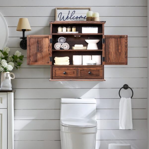 Bathroom Wall Cabinet, Farmhouse Medicine Cabinet, 24" Wide Bathroom Cabinet with Drawer, Adjustable Shelf, Double Barn Doors, Storage Cabinet for Bathroom, Kitchen, Living Room, Brown