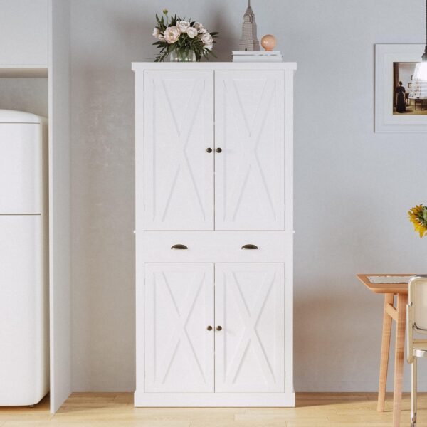 IRONCK Kitchen Pantry Storage Cabinet 72.6" H, with Barn Doors, Drawer, 4 Adjustable Shelves, Freestanding Cupboard for Dining Room Living Room, Laundry, White