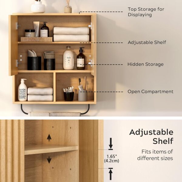 Fluted Bathroom Wall Cabinet, Wooden Medicine Cabinet Storage with Hanging Rod 2 Doors, Adjustable Shelf, Modern Wall Mount Large Floating Cabinet for Kitchen Laundry Room Natural Oak