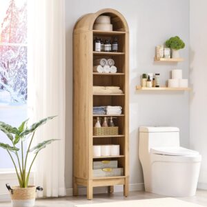 71" Tall Arched Bathroom Storage Cabinet, 8-Tier Modern Farmhouse Storage Cabinet with Adjustable Shelves, Wood Freestanding Cabinet for Bathroom, Living Room, Entryway, Hallway (Natural)