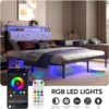 Full Bed Frame with LED Lights, Metal Platform Frame Upholstered Headboard, Charging Station, Storage Shelves, Heavy Duty Metal Slats, No Box Spring Needed, Noise Free, Easy Assembly, Black