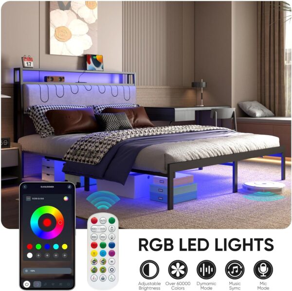 Full Bed Frame with LED Lights, Metal Platform Frame Upholstered Headboard, Charging Station, Storage Shelves, Heavy Duty Metal Slats, No Box Spring Needed, Noise Free, Easy Assembly, Black