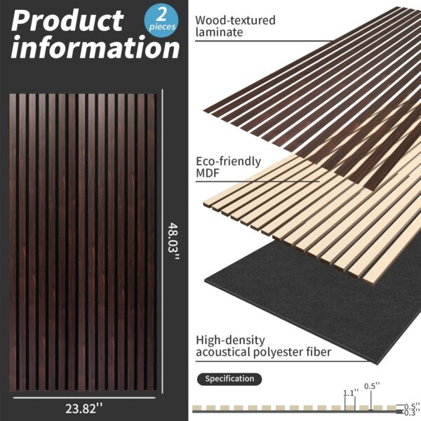 Wood Slat Wall Panel, 48'' x 24'' Wood Panels for Wall, 3D Soundproof Wall Panels, Large Acoustic Panels for Interior Ceiling and Wall Decor Noise Reduction, 2 Pack, Walnut