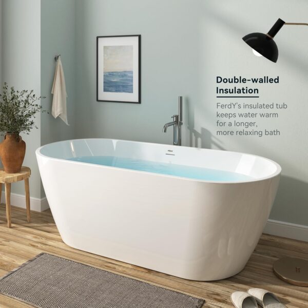 FerdY 67" Bali Acrylic Freestanding Bathtub, Gracefully Shaped Freestanding Soaking Bathtub, cUPC Certified, Toe-Tap Brushed Nickel Drain and Minimalist Linear Design Overflow Included
