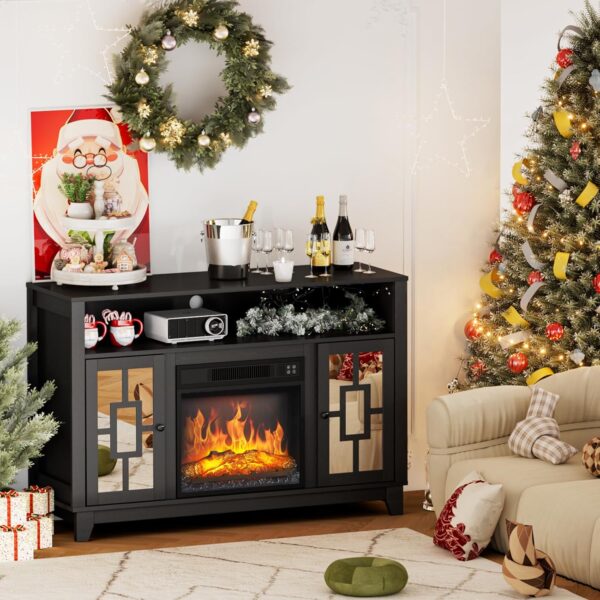 VINGLI Fireplace TV Stand for TVs up to 60'', Mirrored Media Entertainment Center Console Table with 18'' Electric Fireplace, Entertainment Center with Glass Door ＆ Storage Cabinet, Black