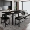 iPormis 5-Piece Dining Table Set for 4-8 People, Extendable Kitchen Table Set with 2 Benches and 2 Square Stools, Mid-Century Dining Room Table with Metal Frame & MDF Board, Saving Space, Black