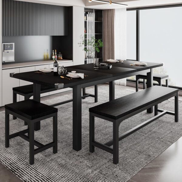 iPormis 5-Piece Dining Table Set for 4-8 People, Extendable Kitchen Table Set with 2 Benches and 2 Square Stools, Mid-Century Dining Room Table with Metal Frame & MDF Board, Saving Space, Black