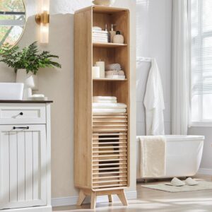 OKD 68" Tall Bathroom Storage Cabinet, Mid-Century Linen Tower with Drawer, Adjustable Shelf, Slatted Hinged Door, Curved Edges, Space-Saving Organizer for Bathroom, Kitchen, Living Room - Natural Oak