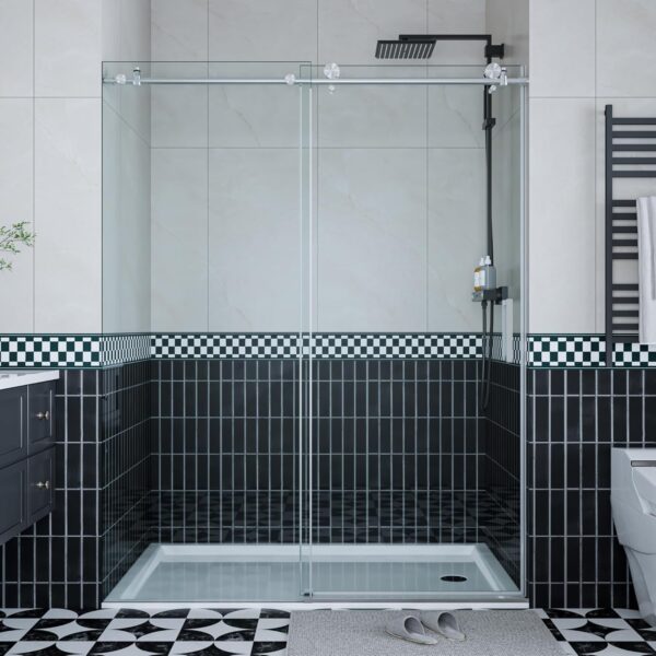 Shower Door, 56-60" W × 76" H Frameless Sliding Shower Door,Waterproof Glass Shower Door with Stainless Steel Handle and Seal Strip, 5/16" (8mm) Easy-Clean Tempered Glass, Brushed Nickel