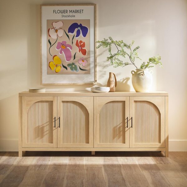 Walker Edison Modern 70" Reeded Sideboard, Credenza with Doors for Kitchen, Dining Room, Media and Game Storage, Buffet Cabinet with Cord Management, 16" D X 30" H, Coastal Oak