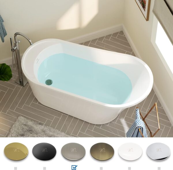 FerdY Langkawi 59" Acrylic Freestanding Bathtub, White Modern Stand Alone Soaking Bathtub, cUPC Certified, Brushed Nickel Drain and Minimalist Linear Design Overflow Included, Easy to Install, 02568T