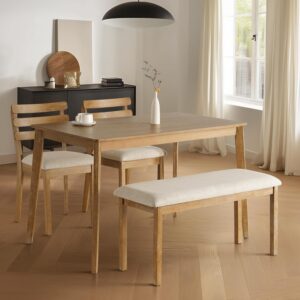 4-Piece Farmhouse Dining Set, Wooden Table with 2 Chairs, Bench Seat, Mid-Century Modern Wooden Table & Upholstered Chair Set for Home, Kitchen, Dining Room, Solidwood Legs