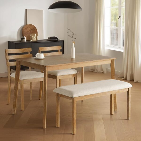 4-Piece Farmhouse Dining Set, Wooden Table with 2 Chairs, Bench Seat, Mid-Century Modern Wooden Table & Upholstered Chair Set for Home, Kitchen, Dining Room, Solidwood Legs