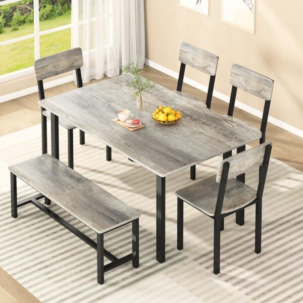 AWQM 6-Piece Dining Set, Modern Dining Table Set for 4-6,Kitchen Table Set with Chairs and Bench,Dining Room Table Set with Metal Frame & MDF Board, Table & Chairs Set for Small Space,Apartment,Grey