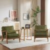 Karl home Accent Chair Wide Armrest Mid-Century Lounge Chair Linen Fabric Armchair with Lumbar Pillow & Solid Wood Frame for Living Room, Bedroom, Balcony, Green