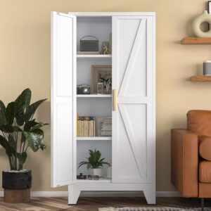 White Farmhouse Storage Kitchen Pantry Cabinet with 2 Barn Door, 3 Adjustable Shelves and Legs, for Cupboard/Dining Room/Bathroom/Living Room/Office/Laundry Room (White, 61" Farmhouse)