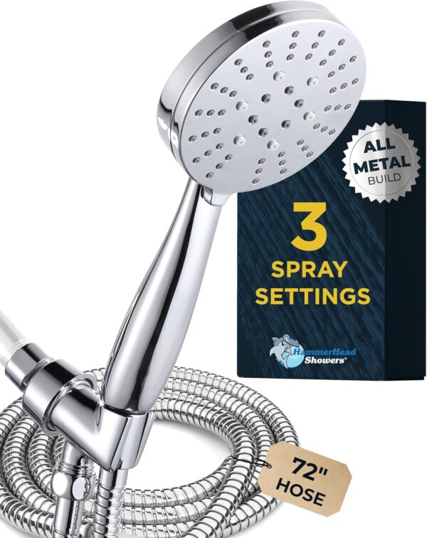 HammerHead Showers® ALL METAL 3-Spray Handheld Shower Head with Long Hose and Holder - CHROME - 2.5 GPM High Pressure Shower Head with Handheld Sprayer - WIDE, MASSAGE, and MIST Sprays