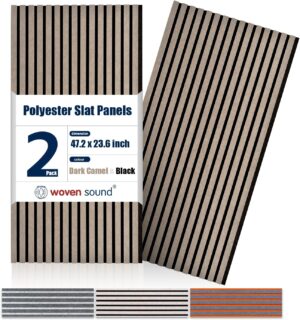 Woven Sound Acoustic Slat Wall Panels, High Density, Sound Dampening, Decorative Noise Blocker Felt Wall Tiles for Ceilings, Home Office & Gaming Room (Dark Camel and Black), 47.2x23.6x0.8 Inch