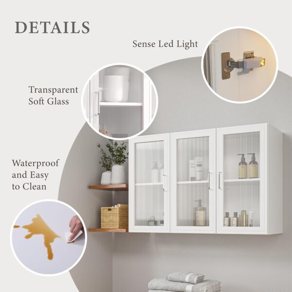 FIMELLO Wall Cabinet, Acrylic Glass Wall Mounted Storage Cabinets， Medicine Cabinet for Kitchen Garage Laundry, White, 3 Door