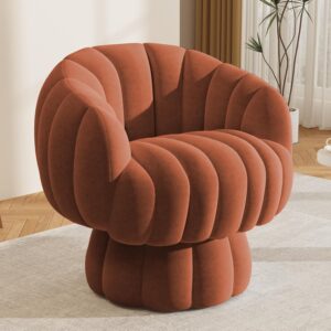 Mid Century Modern 360 Degree Barrel Swivel Accent Sofa Chair,Fluffy Velvet Fabric Lounge Wide Upholstered Pumpkin Reading Chair, Round Cloud Armchair for Living Room,Bedroom,Vanity(Burnt Orange)