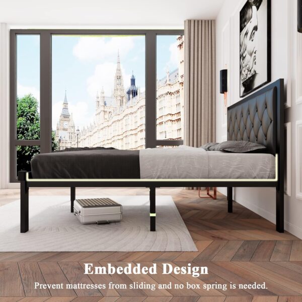 Feonase Queen Size Metal Bed Frame with Faux Leather Button Tufted Headboard, Heavy-Duty Platform Bed Frame with 12" Storage, Steel Slats Support, No Box Spring Needed, Noise Free, Black