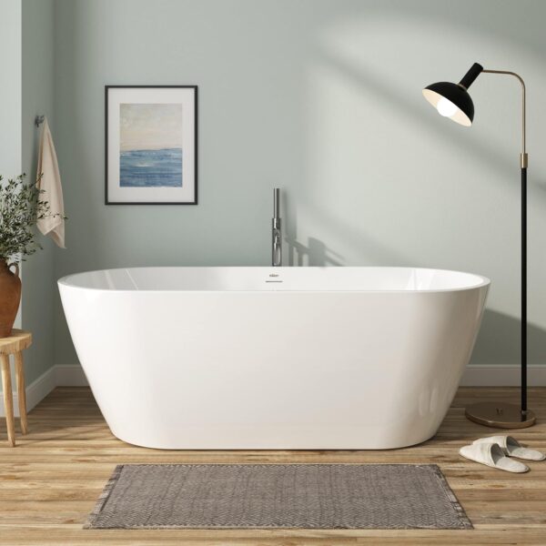 FerdY 67" Bali Acrylic Freestanding Bathtub, Gracefully Shaped Freestanding Soaking Bathtub, cUPC Certified, Toe-Tap Brushed Nickel Drain and Minimalist Linear Design Overflow Included