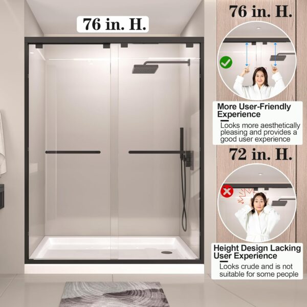 56-60”W x 76" H New Upgraded Single Sliding Semi-Frameless Shower Door, Semi-Frameless Shower Door with Explosion-Proof Film and Nano Coating, 1/4” (6MM) SGCC Tempered Glass, Matte Black Finish