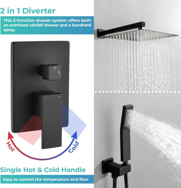81QDSVjtPpL._AC_SL1500_.jpg WELLFOR 12-In Wall Mounted Rain Shower Faucet with Single Handle and Handheld Spray, Waterfall Dual Head Shower Head System with 2-way Diverter, Pressure-balanced Valve Included, Matte Black