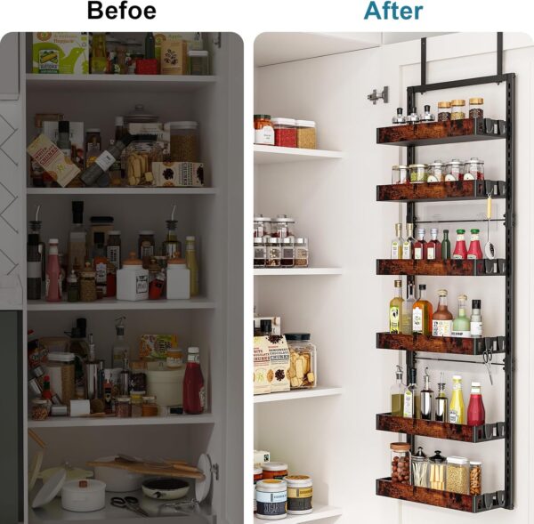 bukfen Over the Door Pantry Organizer, 6-Tier Adjustable Wooden Basket Kitchen Pantry Door Organization and Storage, Heavy-Duty Metal Hanging Kitchen Spice Rack,D6.3 x W17.71 x H50.60 inch,1 Pack