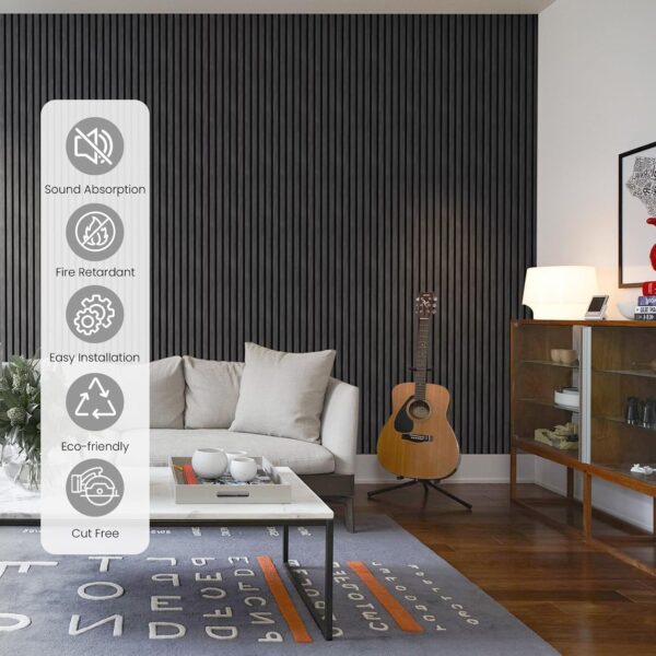 Two Wood Slat Acoustic Panels for Wall and Ceiling, 3D Fluted Wood Veneer Paneling, 94.5" x 8" Each Soundpoof Wooden Slat Wall Panel - Black Oak