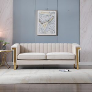 Modern Cream Velvet Sofa with Gold Accents, 3-Seat Channel-Tufted Couch for Living Room & Office Decor