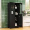 71" Tall Kitchen Pantry Cabinet, Kitchen Storage Cabinet with Glass Doors and Adjustable Shelves, Wood Food Pantry Cabinet, Freestanding Cupboard for Kitchen, Dining Room, Black