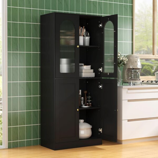 71" Tall Kitchen Pantry Cabinet, Kitchen Storage Cabinet with Glass Doors and Adjustable Shelves, Wood Food Pantry Cabinet, Freestanding Cupboard for Kitchen, Dining Room, Black