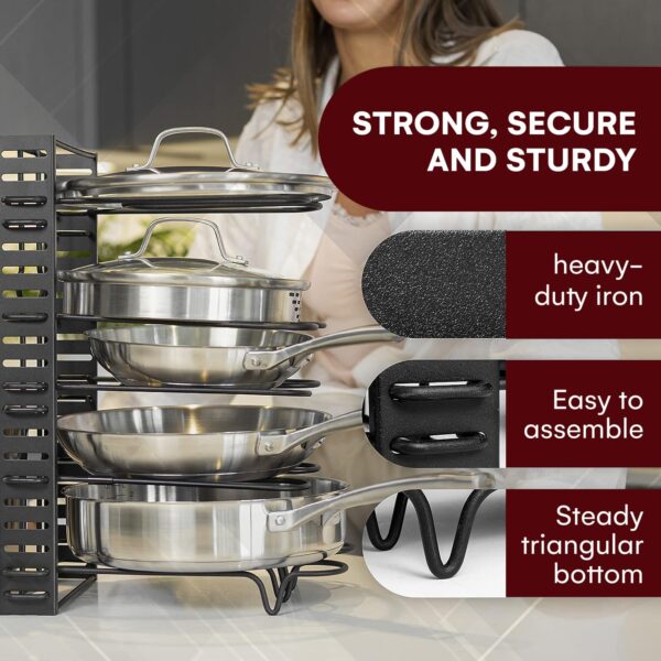 GeekDigg Adjustable Pots and Pans Organizer - 8 Tier Versatile Kitchen Pot Rack for Counter and Cabinet - Easy Setup, 3 DIY Installation Ways, Accommodates 8+ Pots and Pans - Space-Saving Black Design