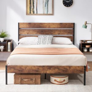 VECELO Queen Size Bed Frame with Rustic Wood Headboard, Strong Slats Platform Support No Box Spring Needed, Easy Assembly