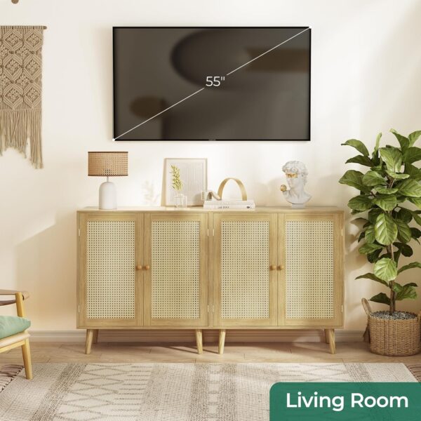 Huuger Buffet Cabinet with Storage, Storage Cabinet with PE Rattan Decor Doors, Accent Cabinet with Solid Wood Feet, Sideboard Cabinet for Hallway, Entry, Living Room, Natural