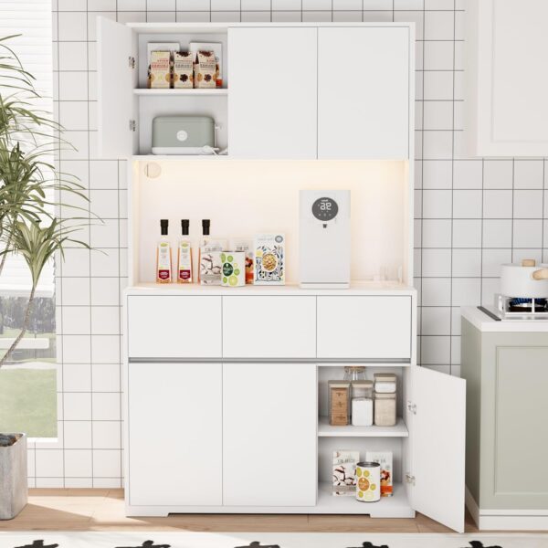 White Kitchen Pantry Cabinet with Power Outlets, LED Lights and 3 Drawers, Tall Cabinet with Adjustable Shelves and Countertop