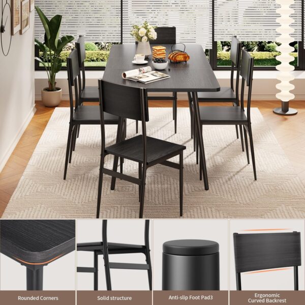 7-Piece Dining Table for 4-6, 63” Large Extendable Dining Table Set for 6, Kitchen Table Set for Apartment and Living Room, Black