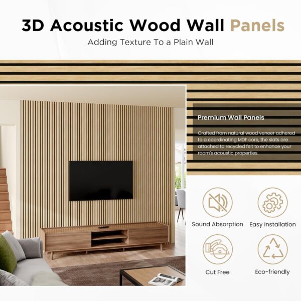 Wood Slat Acoustic Panels, 106" x 20.5" Each Soundpoof Wooden Slat Wall Panel - White Oak, 2 Pack