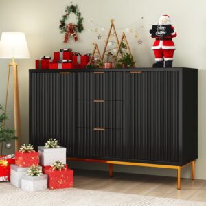 Real Relax Fluted Sideboard Cabinet, Buffet Cabinet with 3 Drawers Storage with 2 Doors, Adjustable Shelves, Kitchen Coffee Bar, Accent Console Cabinet for Living, Dinning Room, Bedroom, Black