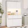 White Kitchen Pantry Cabinet with Power Outlets, LED Lights and 3 Drawers, Tall Cabinet with Adjustable Shelves and Countertop