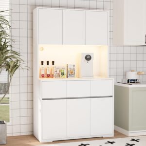 White Kitchen Pantry Cabinet with Power Outlets, LED Lights and 3 Drawers, Tall Cabinet with Adjustable Shelves and Countertop