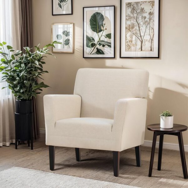 COLAMY Accent Chair, Modern Linen Accent Barrel Chair with Solid Rubberwood Legs, Comfy and Soft Armchair for Living Room, Bedroom, Reception Room, Office, Beige